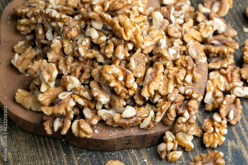 Walnut kernel on the kitchen table during cooking