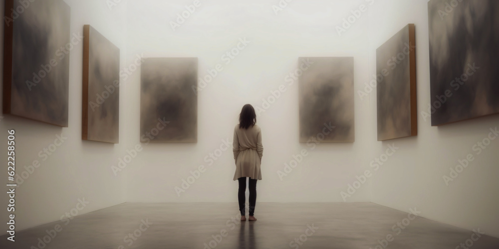 woman stands in museum and looks at pictures, generative ai woman stands in museum and looks at pictures, generative ai