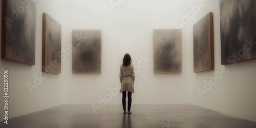 woman stands in museum and looks at pictures, generative ai