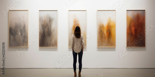 woman stands in museum and looks at modern art, generative ai photo