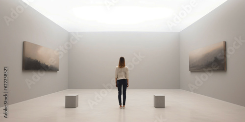 woman stands in the museum and cannot decide which picture to look at, generative ai