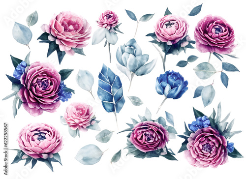 Peony floral set watercolor art background, Generative Ai