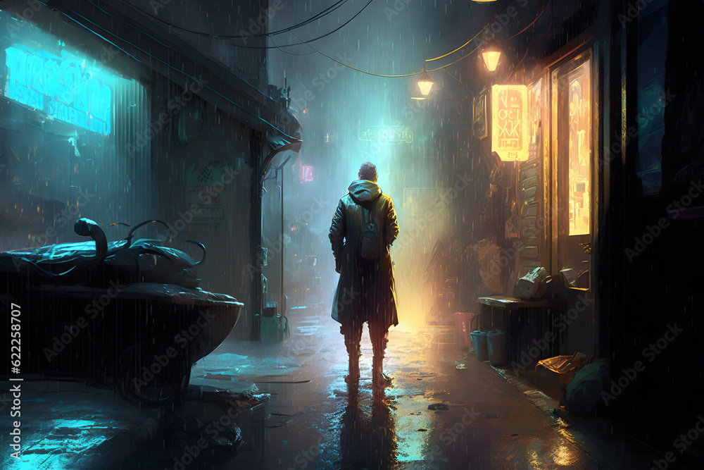 Detective Investigating A Crime Scene In A Colorful Alley