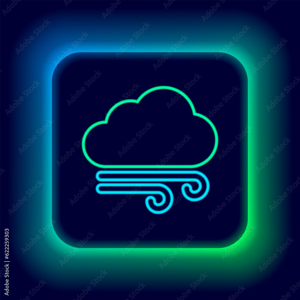 Glowing neon line Windy weather icon isolated on black background. Cloud and wind. Colorful outline concept. Vector Glowing neon line Windy weather icon isolated on black background. Cloud and wind. Colorful outline concept. Vector