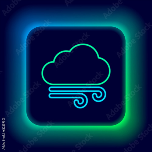 Glowing neon line Windy weather icon isolated on black background. Cloud and wind. Colorful outline concept. Vector