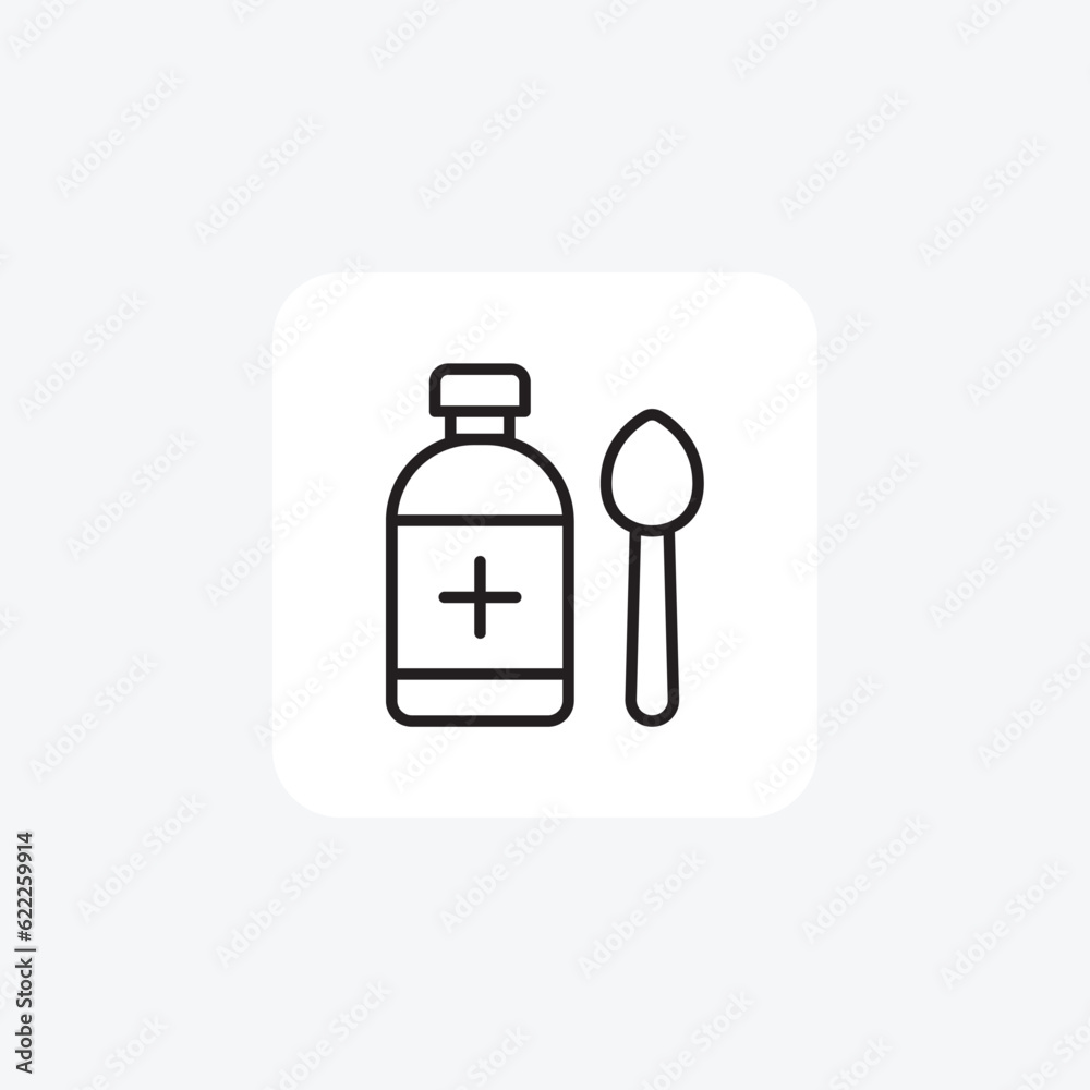 Syrup, Bottle, Spoon, Liquid Medication Vector Line Icon Syrup, Bottle, Spoon, Liquid Medication Vector Line Icon