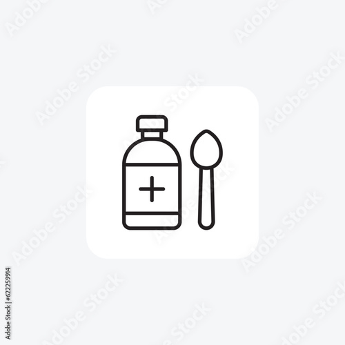 Syrup, Bottle, Spoon, Liquid Medication Vector Line Icon