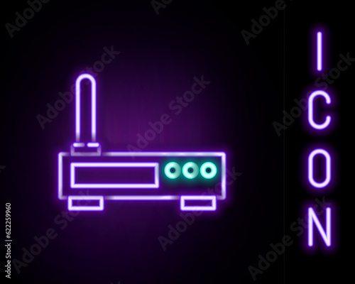 Glowing neon line Router and wi-fi signal icon isolated on black background. Wireless ethernet modem router. Computer technology internet. Colorful outline concept. Vector