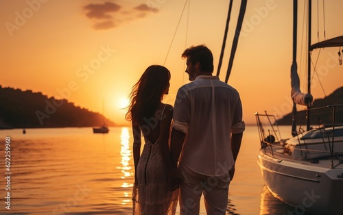 A couple standing on a boat, enjoying a beautiful sunset. AI