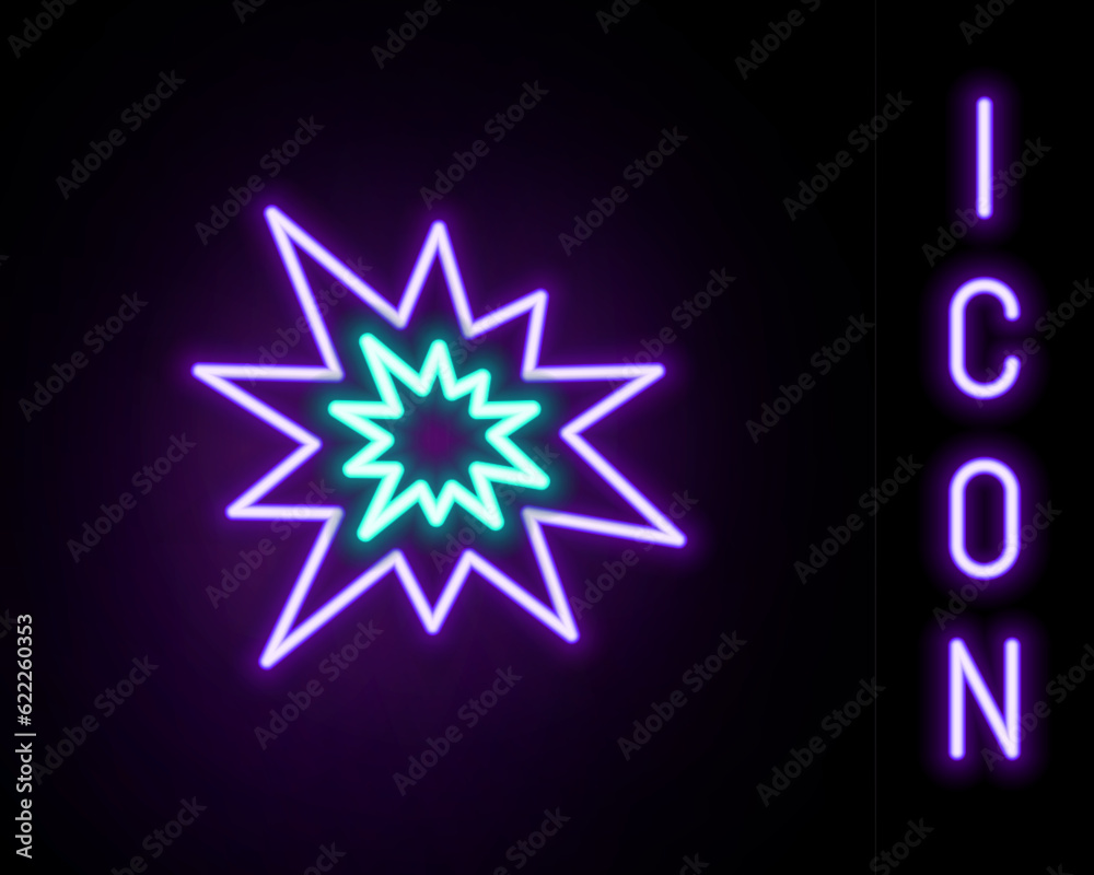 Glowing neon line Bomb explosion with shrapnel and fireball icon isolated on black background. Colorful outline concept. Vector Glowing neon line Bomb explosion with shrapnel and fireball icon isolated on black background. Colorful outline concept. Vector