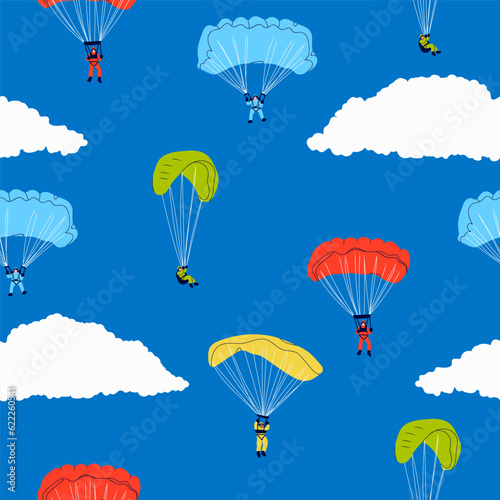 Skydivers flying with parachutes. Set of tiny cute characters. Hand drawn colorful illustration. Paragliding, skydiving, parachute jump, extreme sport, activities concept. Square seamless Pattern