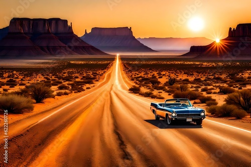car on a long road in a desert ai generated