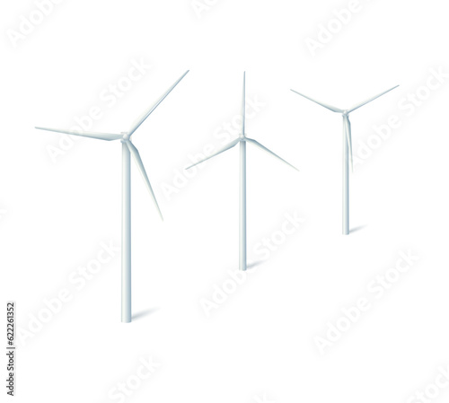 Wind turbines windmills energy power generators. White towers with long vanes for producing alternative eco energy. Vector