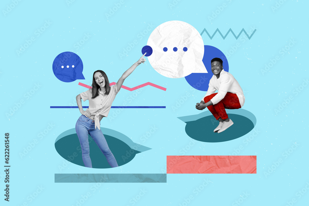 Photo illustration collage of two friends flirting partners together communication sms message information isolated on blue background