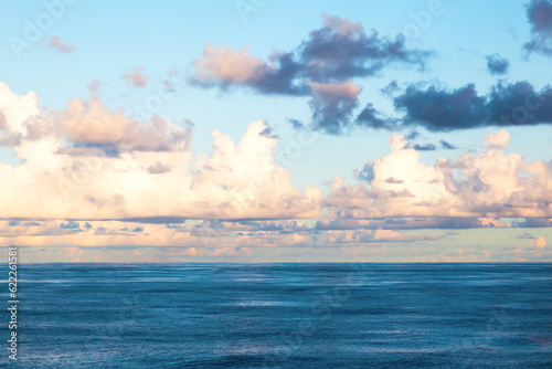 Low clouds in the Atlantic Ocean. Landscape from clouds and ocean.