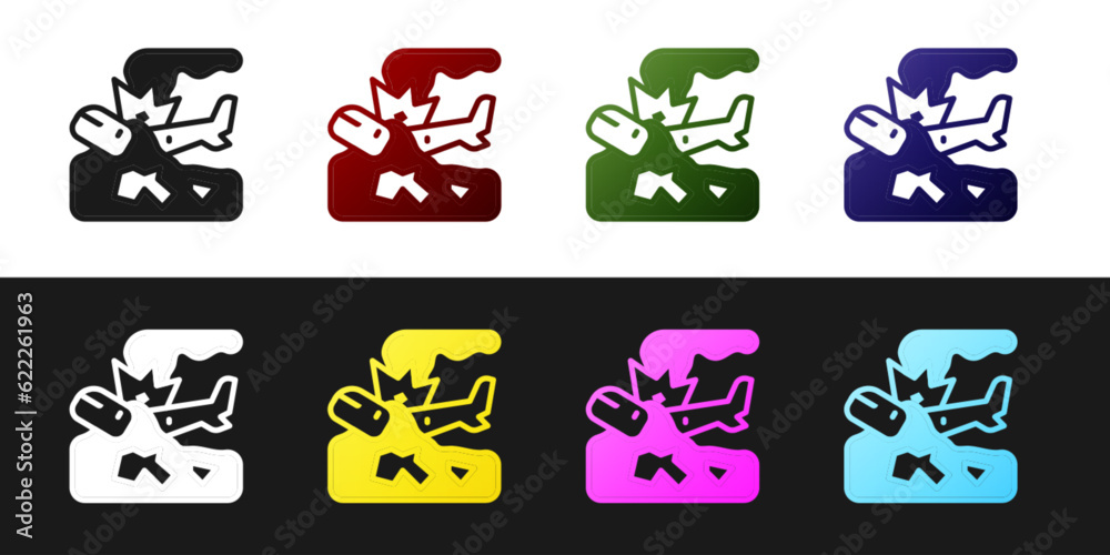 Set Plane crash icon isolated on black and white background. Vector