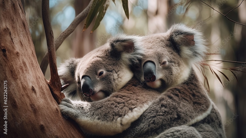 Cuddly koalas find solace in the branches of eucalyptus trees, forming a cozy and adorable spectacle. With their fuzzy appearance and gentle demeanor. Generated by AI.