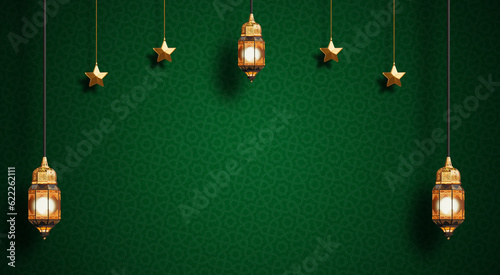 Islamic Celebration: Festive Ramadan and Eid Scene with Hanging Lanterns on Green Background