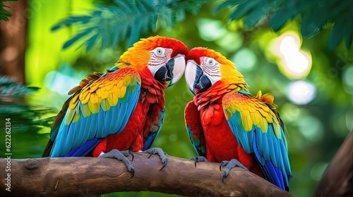 Colorful parrots as they proudly display their vibrant feathers in a dazzling array of hues. These magnificent birds captivate with their vivid plumage. Generated by AI.