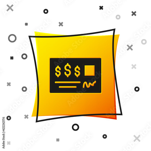 Black Blank template of the bank check and pen icon isolated on white background. Checkbook cheque page with empty fields to fill. Yellow square button. Vector