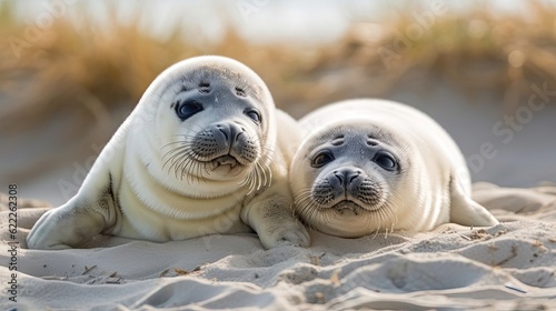 Cute baby seals as they leisurely rest on the pristine beach, their sleek bodies glistening under the sun. Generated by AI.