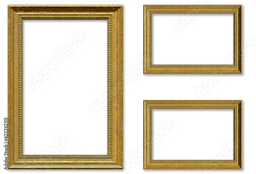 Set of three gilded wooden baroque mockup frames on transparent background