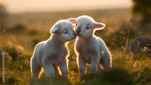 Fluffy white baby lambs prance and play in a lush, green field. Watch as they bound with boundless energy, their fluffy coats swaying in the breeze. Generated by AI.