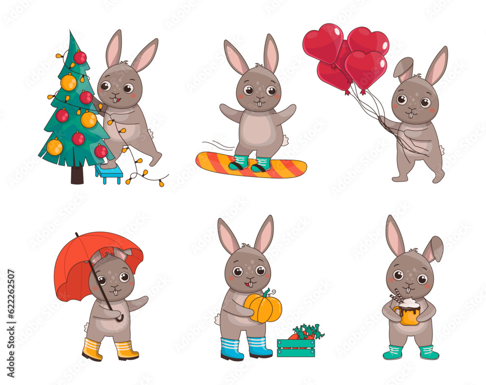 Obraz premium Set of illustrations of hares with different activities. Vector graphic.