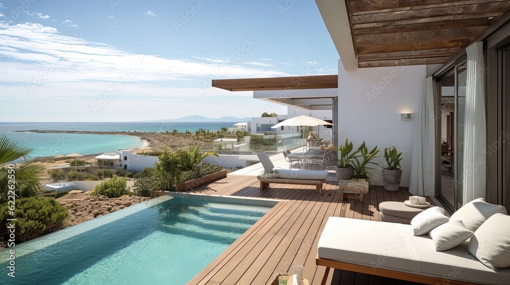 Fototapeta premium Luxury with stunning luxury villas boasting private pools and breathtaking ocean views. Immerse yourself in the opulent ambiance as you relax in your own private oasis. Generated by AI.