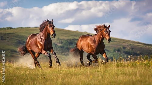 Majestic grace of horses as they gallop across a sunlit field. Their powerful strides and sleek bodies move with precision and strength, creating a scene of breathtaking beauty. Generated by AI.