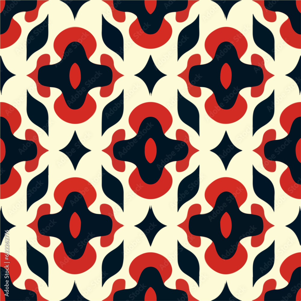 Striking art deco pattern with a repeating red and black flower motif on a black background, creating a seamless and mesmerizing fabric design. Striking art deco pattern with a repeating red and black flower motif on a black background, creating a seamless and mesmerizing fabric design.