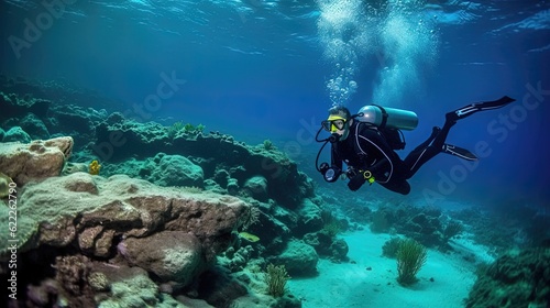 Scuba diving expeditions and explore the mesmerizing beauty of coral reefs and underwater ecosystems. Dive into crystal-clear waters, where vibrant marine life awaits. Generated by AI.
