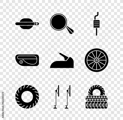 Set Car door handle, mirror, muffler, tire, Windscreen wiper, and handbrake icon. Vector