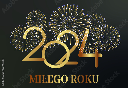 karta lub baner, aby życzyć szczęśliwego nowego roku 2024 w złocie z fajerwerkiem w kolorze złotym na czarno-szarym tle gradientu
