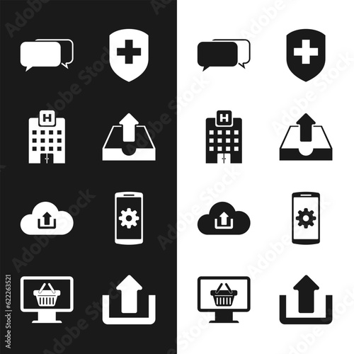 Set Upload inbox, Medical hospital building, Chat, shield with cross, Cloud upload and Setting on smartphone icon. Vector
