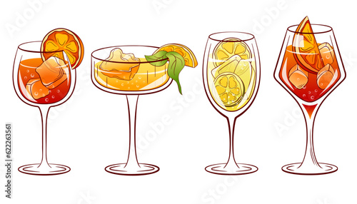 Alcoholic summer cocktail collection aperol, limoncello, hugo, campari spritz. Set of alcoholic cocktails. Vector illustration isolated on a white background.