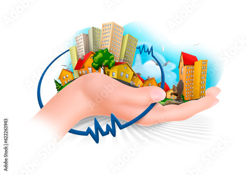 Wallpaper Mural Hand holds a small city that surrounds the information ring illustration Torontodigital.ca