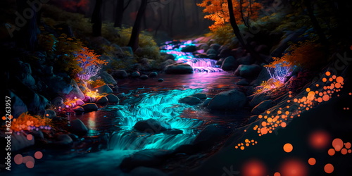 fairy-tale stream flowing through the forest, in which crystal water glows in multi-colored shades.