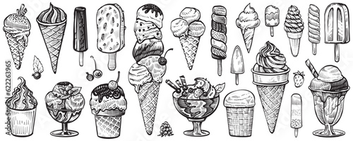 Ice cream vector sketch desserts. Hand drawn wafer cone, gelato, chocolate glazed, sundae, and ice cream served in a glass bowl.