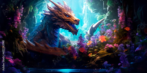 dragon resting in the middle of a fairy forest framed by flowers and water streams © Лилия Захарчук