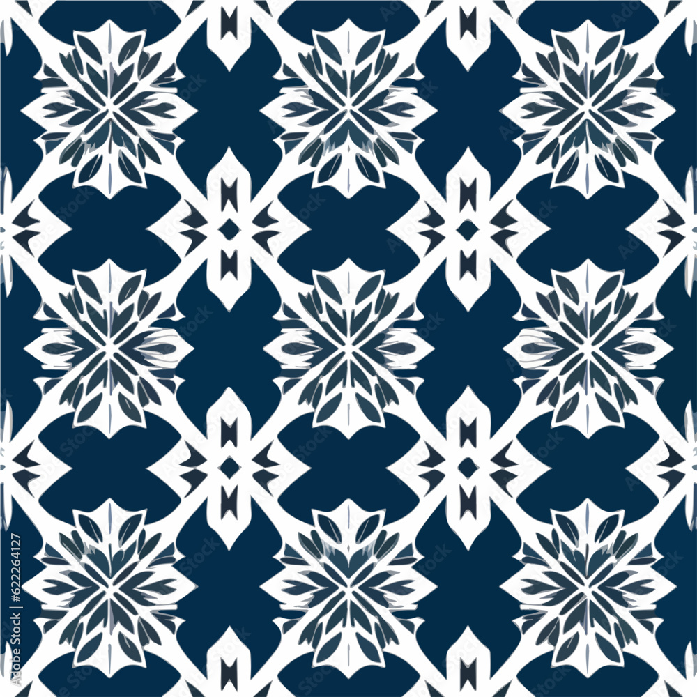 Serene blue and white pattern features snowflakes gracefully arranged in a symmetrical manner. This seamless and delicate damask pattern, often used in fabric design, captivates with. Serene blue and white pattern features snowflakes gracefully arranged in a symmetrical manner. This seamless and delicate damask pattern, often used in fabric design, captivates with.