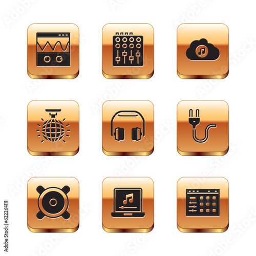 Set Oscilloscope, Stereo speaker, Laptop with music note, Headphones, Disco ball, Music streaming service, Drum machine and Sound mixer controller icon. Vector