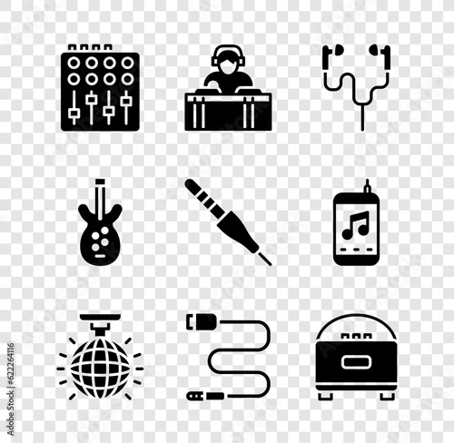 Set Sound mixer controller, DJ playing music, Air headphones, Disco ball, Audio jack, Stereo speaker, Electric bass guitar and icon. Vector