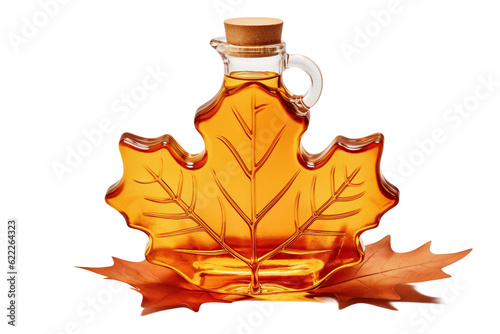 Maple syrup with maple leaves. isolated object photo
