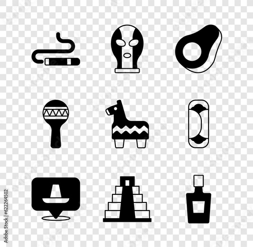 Set Cigar, Mexican wrestler, Avocado fruit, sombrero, Chichen Itza in Mayan, Tequila bottle, Maracas and Pinata icon. Vector