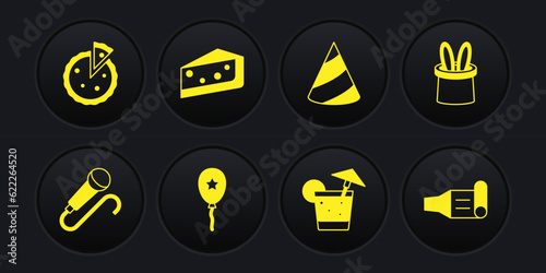 Set Microphone, Magician hat and rabbit ears, Balloon with ribbon, Cocktail, Party, Piece of cake, Birthday party horn and Homemade pie icon. Vector