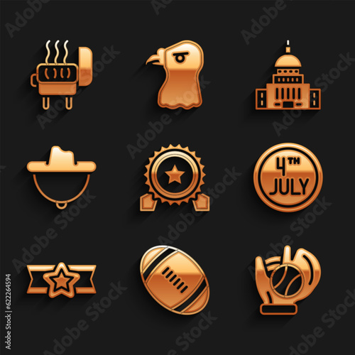 Set Medal with star, American Football ball, Baseball glove, Calendar date July 4, Star military, Western cowboy hat, White House and Barbecue grill icon. Vector © vector_v