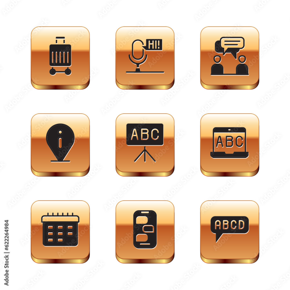 Set Suitcase, School timetable, New chat messages notification, Chalkboard, Information, Two sitting men talking, Alphabet and Microphone voice device icon. Vector