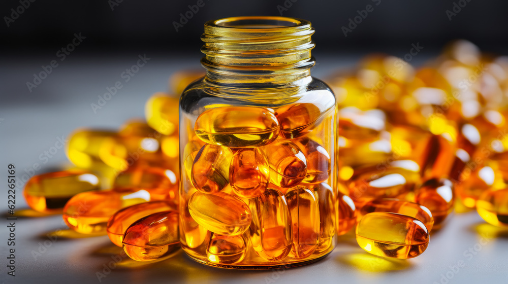 Vitamin D capsules with omega-3 fish oil for brain, heart and nutritional benefits. AI generated Vitamin D capsules with omega-3 fish oil for brain, heart and nutritional benefits. AI generated