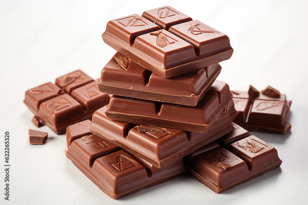 A bunch of delicious chocolate bars isolated on a white background with shadow. Generative AI.
